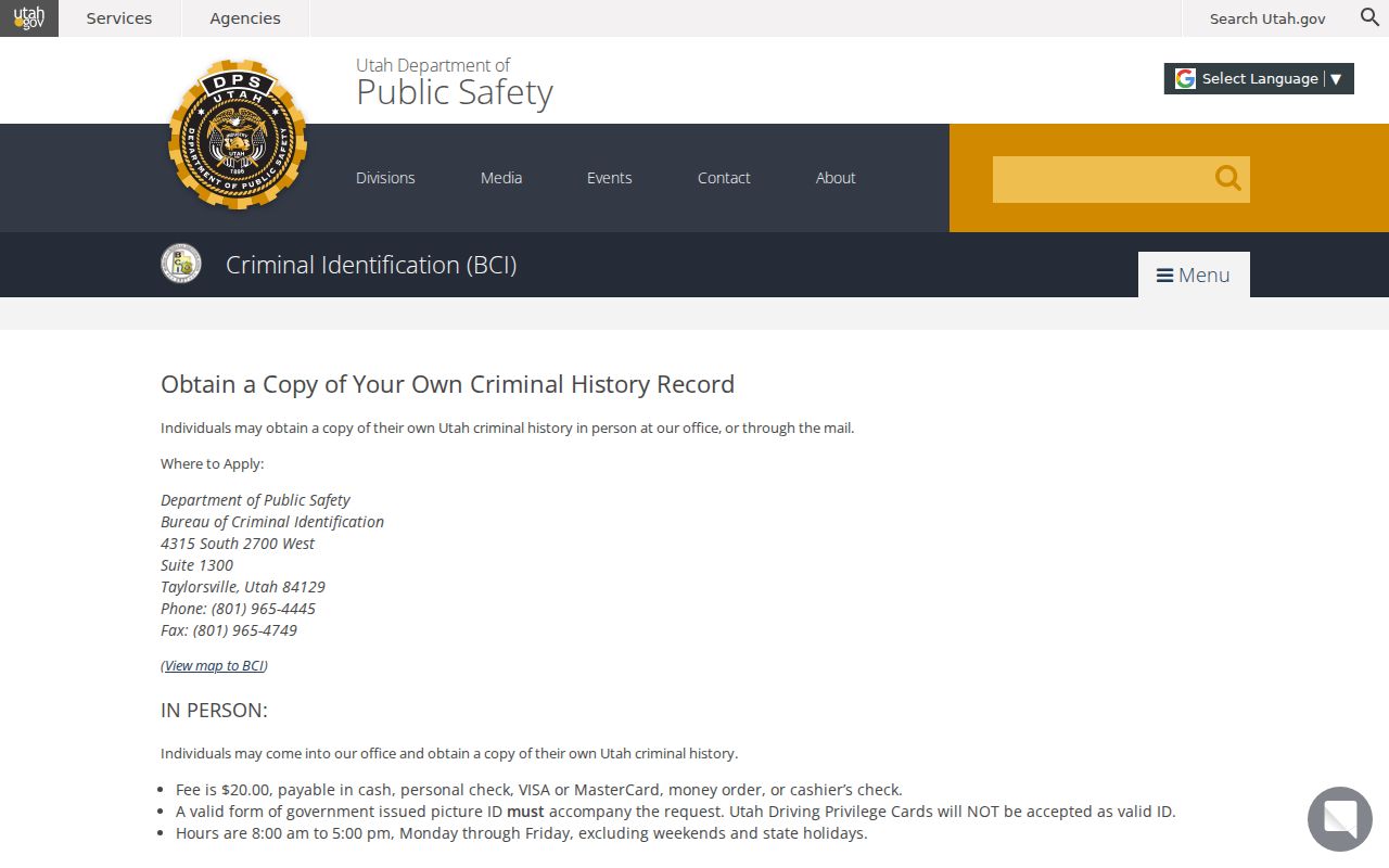Beaver County criminal history self-record instructions from Utah BCI