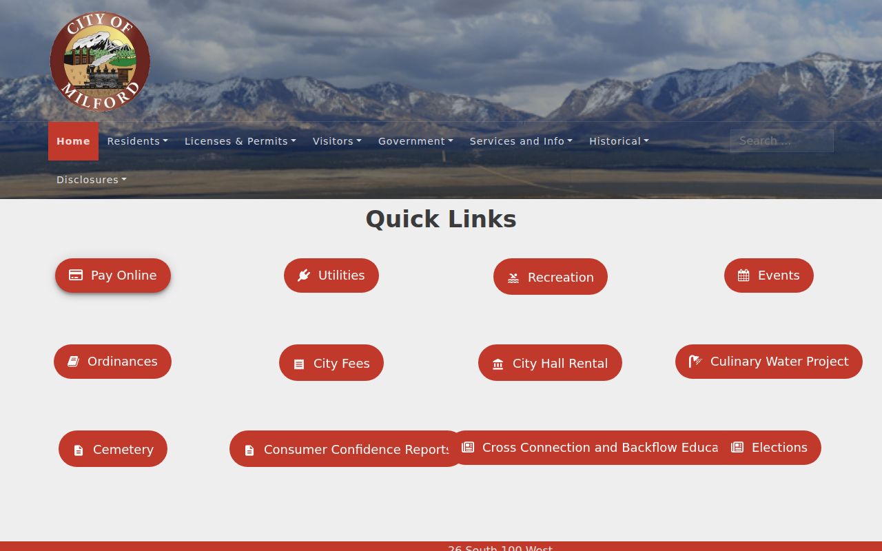 Milford City official website showing the city hall and local government portal